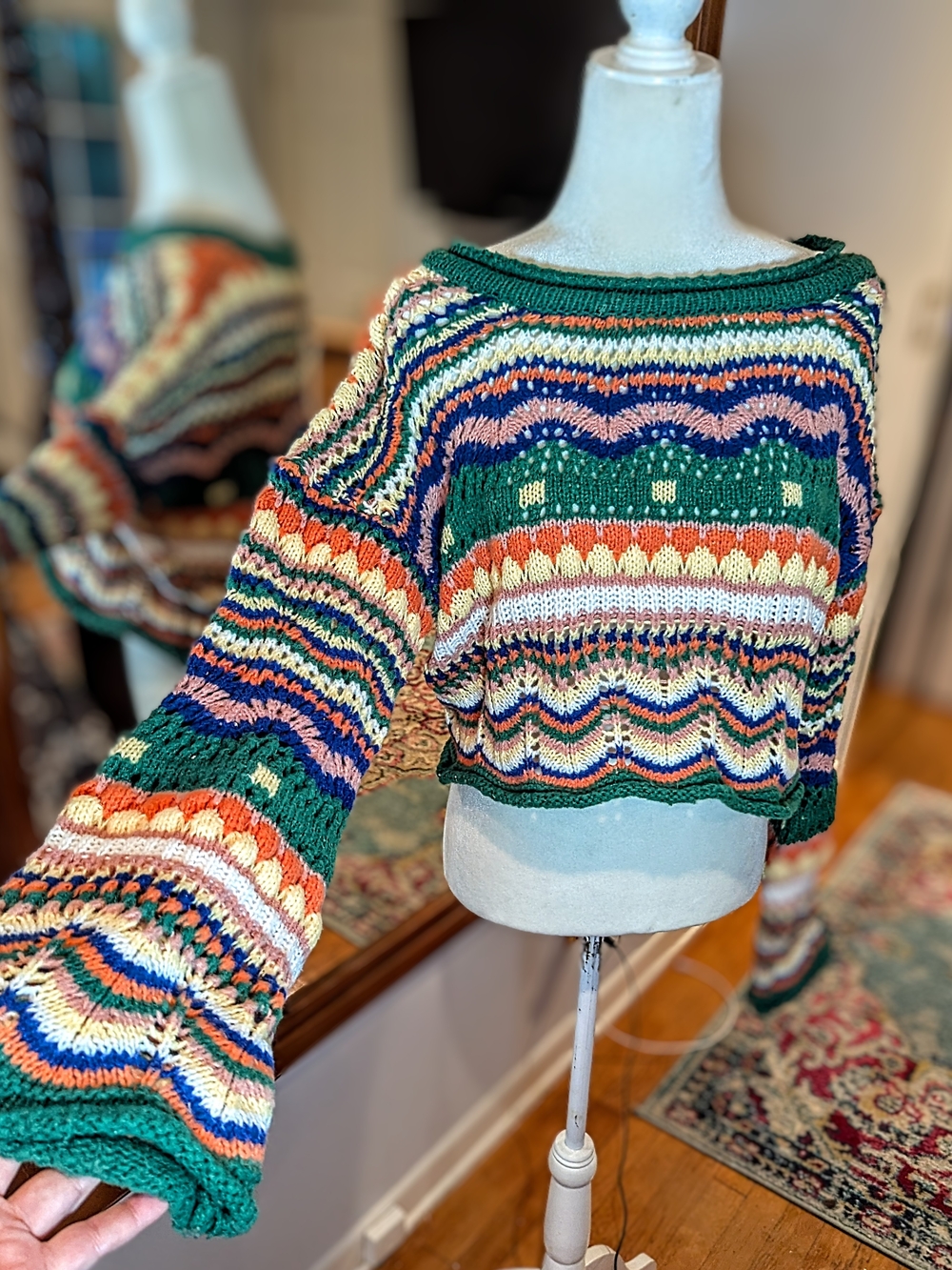 Redberry Multicolor Cropped Crewneck Sweater with Green Trim And Bell Sleeves